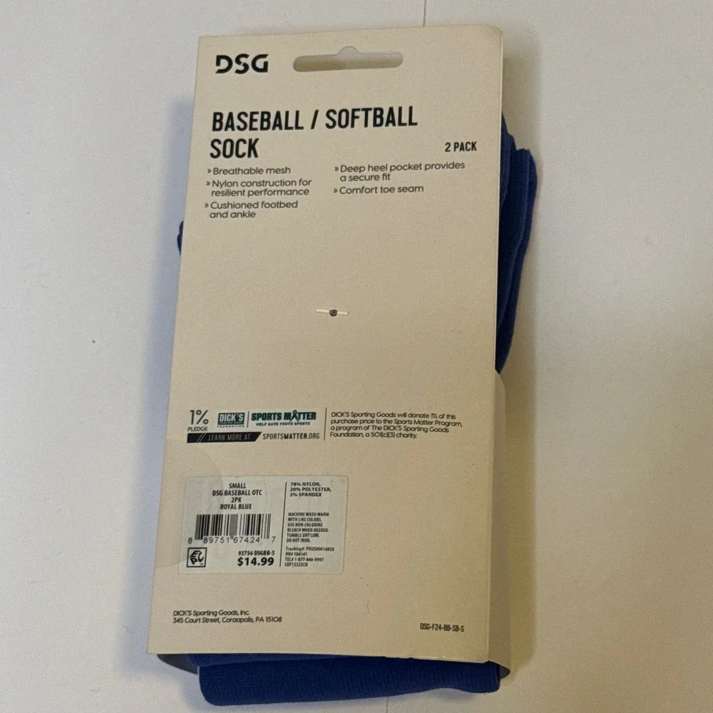 DSG | Youth Baseball Softball Socks | 2 Pack Royal Blue | Over The Calf |Size S